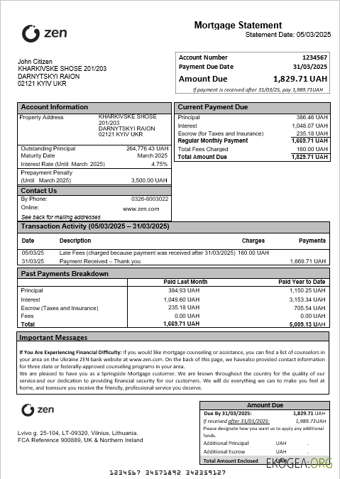 Relevé hypothécaire Ukraine ZEN aux formats Word et PDF